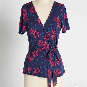 ModCloth Faux Wrap Navy Floral blouse NWT 2x